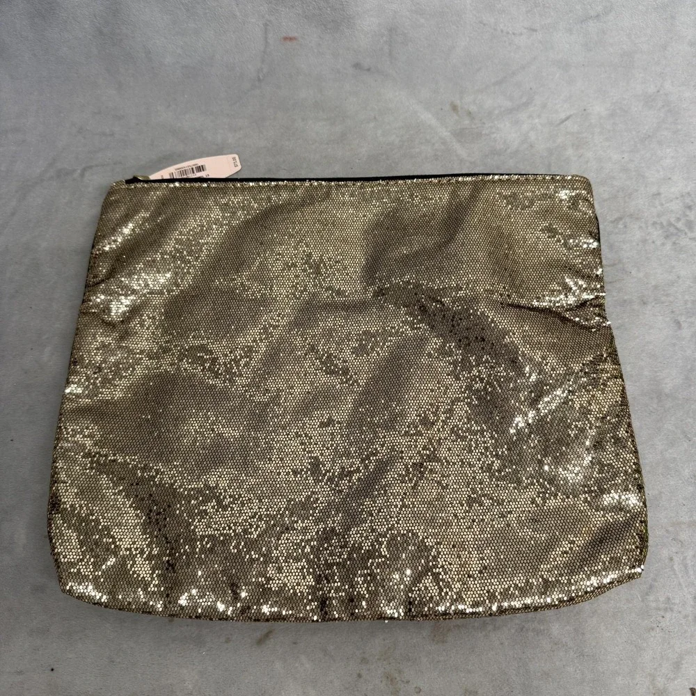 Victoria's Secret Sequin Makeup Cosmetic Bag Zipper Pouch Gold Mirror NWT
